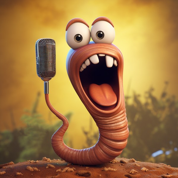 A worm with a microphone at the end of its tail, singing loudly