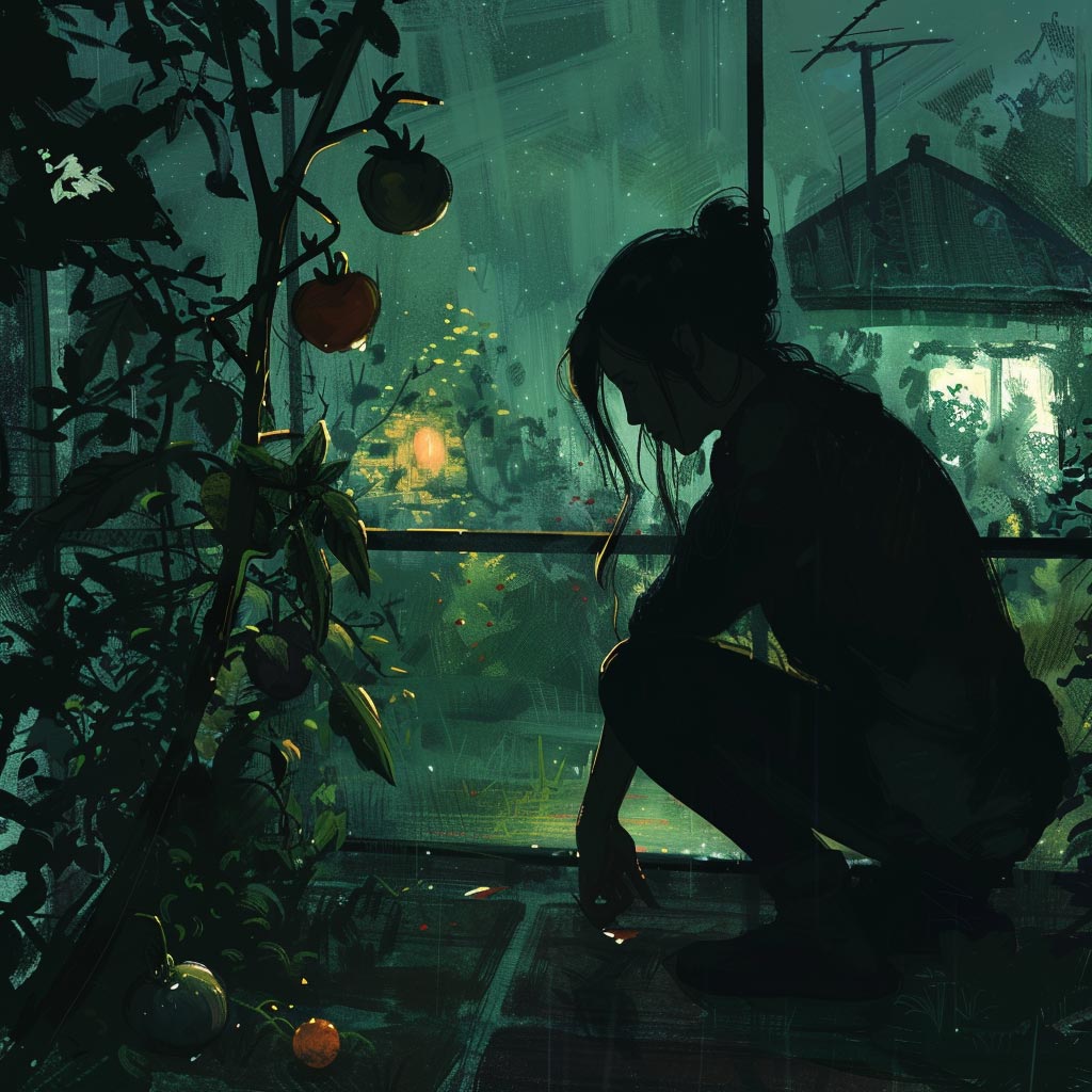 A silhouetted woman crouching in a greenhouse, close to tomatoes